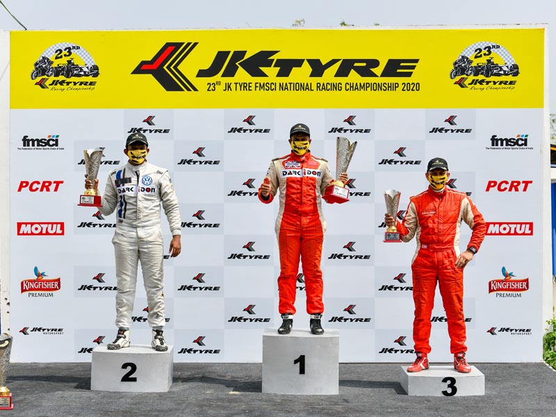 Podium of Formula LGB 4 Diljith TS 1st Sandeep Kumar 2nd Sarish Hataria 3rd