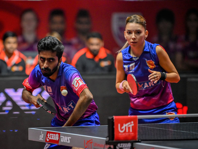 G Sathiyan and World No 27 Bernadette Szocs during mixed doubles match in UTT Season