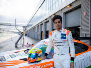 Arjun Maini with his tri coloured Mercedes AMG GT3