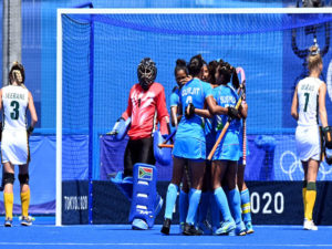 The Indian Womens Hockey Team celebrate a goal