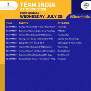 Tokyo Olympic Indias schedule on July 28 2021