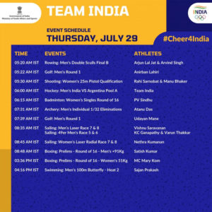 Tokyo Olympic Indias schedule on July 29 2021