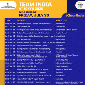 Tokyo Olympic Indias schedule on July 30 2021