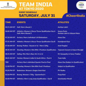 Tokyo Olympic Indias schedule on July 31 2021