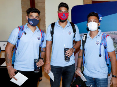 Delhi Capitals’ batsman Ripal Patel (L), all-rounder Lalit Yadav and wicketkeeper-batsman Vishnu Vinod at the team hotel