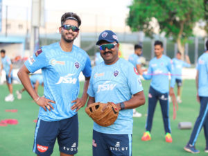 Delhi Capitals batsman Shreyas Iyer and Assistant Coach Pravin Amre during a practice session