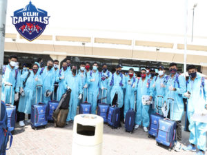 Members of the Delhi Capitals team and support staff members outside the Dubai International Airport