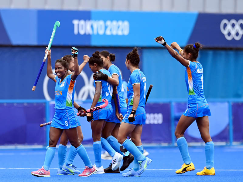 The Indian Womens Hockey Team celebrate after their 1 0 victory over Australia