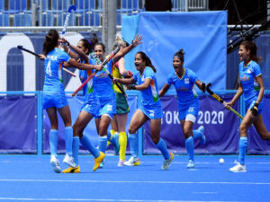 The Indian Womens Hockey Team celebrates a goal