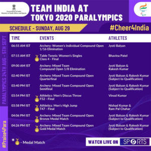 india schedule at tokyo paralympics august 29 2021