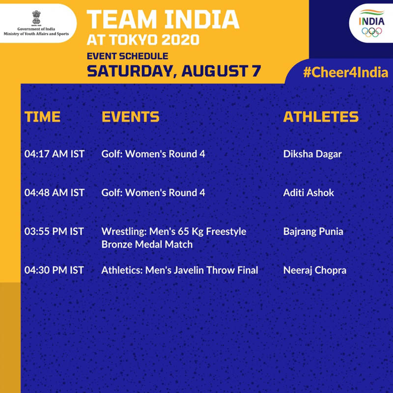 india schedule in tokyo olympics august 7 2021