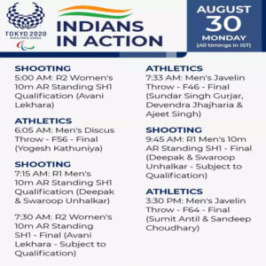 tokyo paralympics 2020 india schedule 30 august 2021