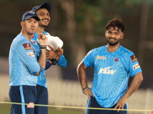 Delhi Capitals Head Coach Ricky Ponting along with Captain Rishabh Pant and all rounder Axar Patel