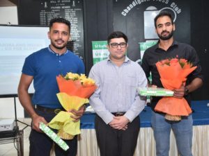 Harmanpreet Singh vice caption in blue T shirt and Gurjant Singh in black shirt with Dr Manit Arora at Chandigarh Press Club