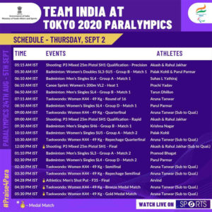 india paralympics 2020 schedule 02 september 2021