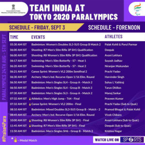 india paralympics 2020 schedule 03 september 2021