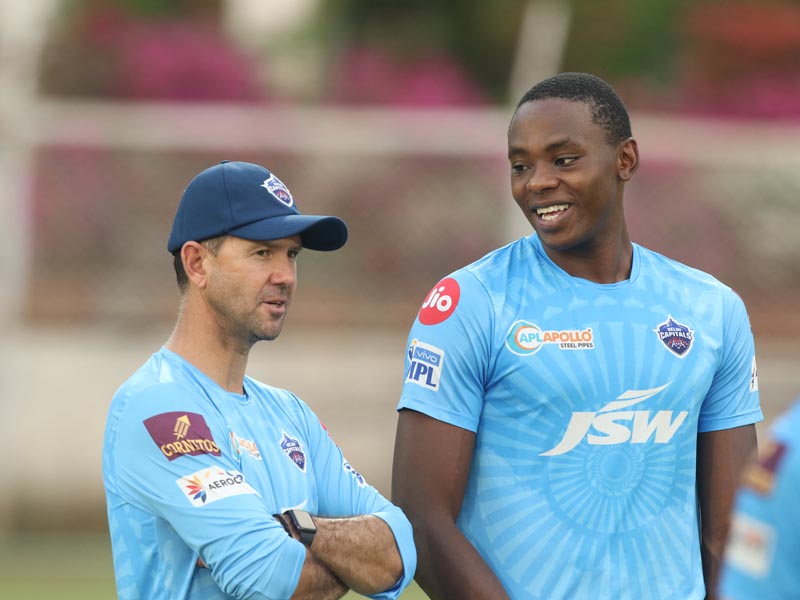 Delhi Capitals fast bowler Kagiso Rabada has a chat with Head Coach Ricky Ponting during a practice session