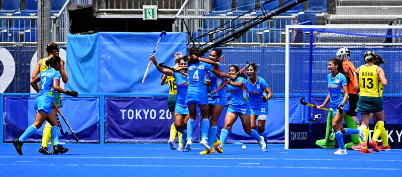 Indian Womens team celebrating historic QF win against Australia in Tokyo