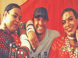 Sridhar Rangayan with the two drag queens in Gulabi Aaina