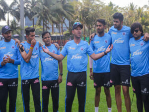 Delhi Capitals Head Coach Ricky Ponting speaks to the team