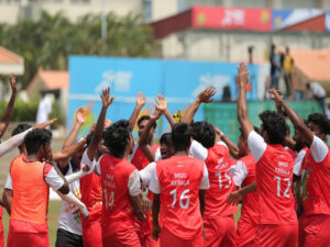 Mahatma Gandhi University celebrate after winning KIUG Gold in mens football event