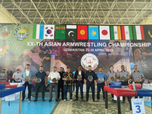 Parvin Dabas centre attends the Asian Arm Wrestling Championship in Uzbekistan