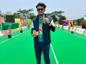 Tanishdeep Singh with his Gold medal at the mens compound archery final