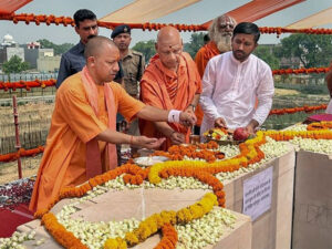 up cm yogi lays foundation stone of ram mandirs garbha griha in ayodhya