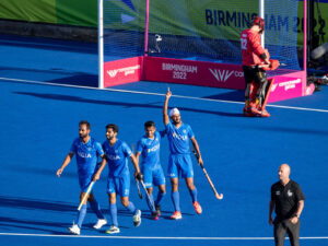 Indian Mens Hockey Team celebrate after 3 2 win