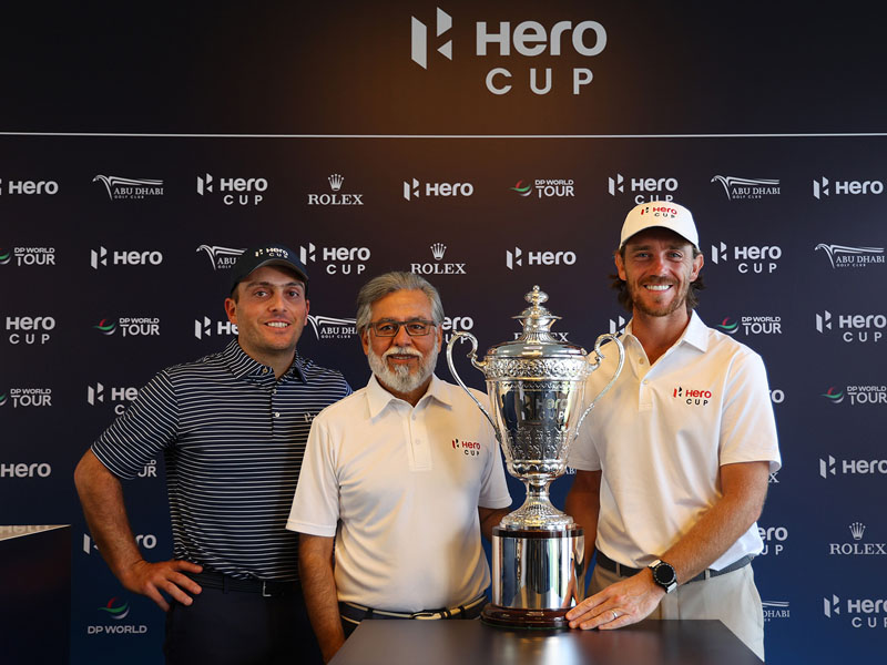 Team Captains Francesco Molinari and Rommy Fleetwood with Dr Pawan Munjal holding the Hero Cup