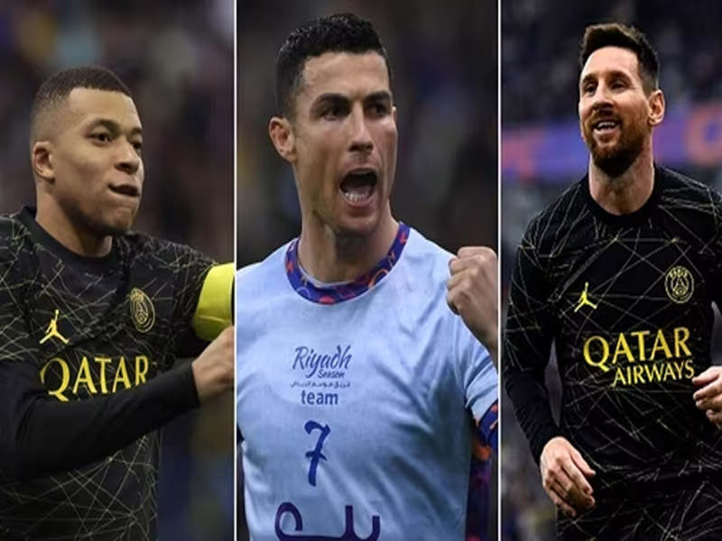 lionel messi kylian mbappe on target as psg edge past cristiano ronaldo led saudi all stars