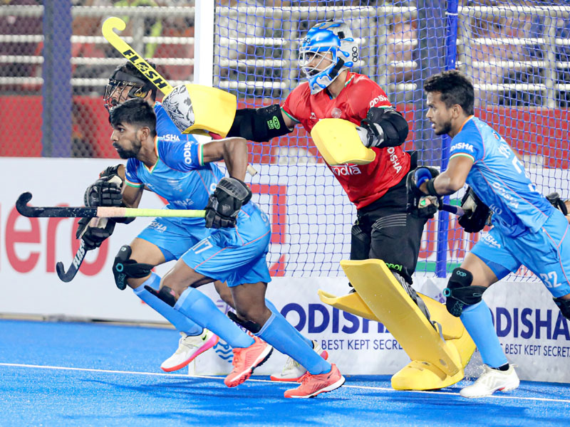 Indian team in action during a penalty corner