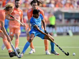 Action from the match between India and Netherlands