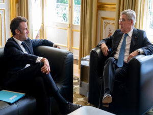 IOC President Bach welcomed by French President Macron in Paris