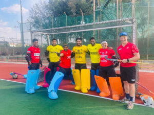 Indian Mens Hockey Team goalkeepers and Dennis van de Pol share a light moment