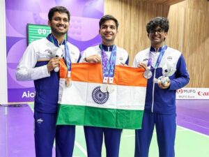 Indias shooter pose with the haul of medals asian games 2026